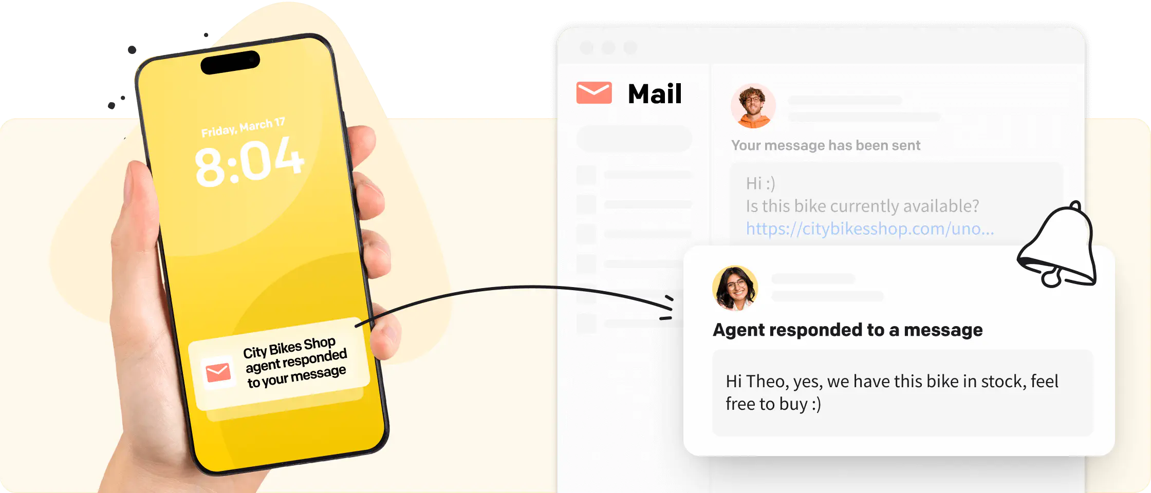 Visualization of email notification sent to a customer's mobile phone by a support agent via LiveChat app