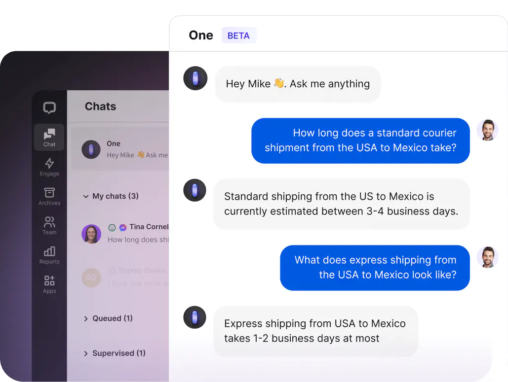 One is an AI-based assistant that you can communicate with through text commands to navigate LiveChat products and services more effectively, helping your agents and sales reps work more effectively, whether it comes to finding internal information or receiving suggestions for replies during conversations with customers.
