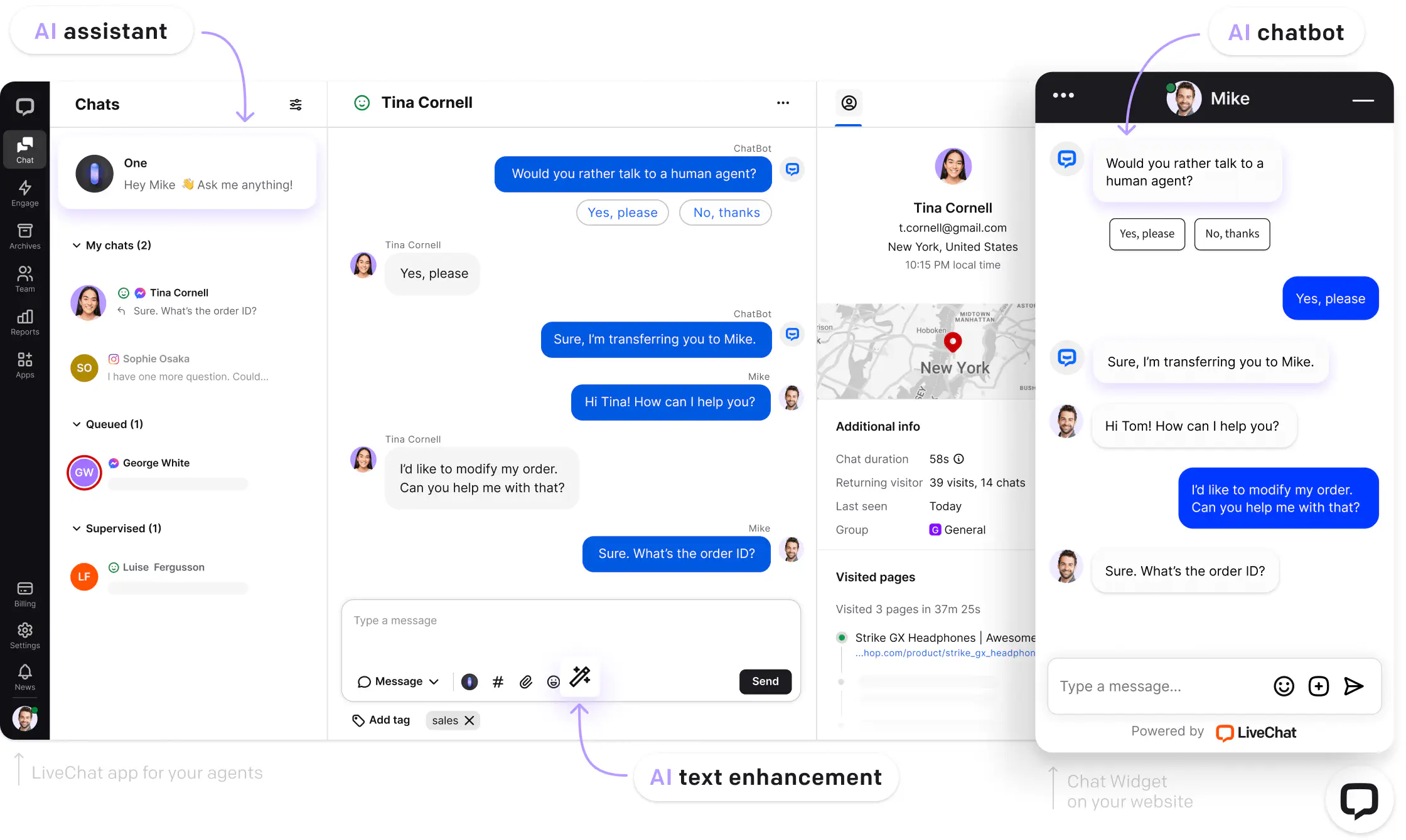 The chat tab within the Live Chat app allows access to One, an AI assistant that enhances work effectiveness, and to chats with customers handled by AI chatbots.